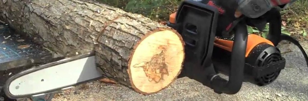electric chain saw cutting wood